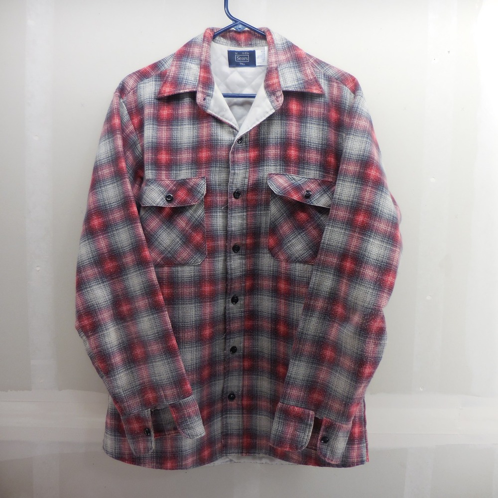 Vintage Sears Flannel Shirt Jacket Quilted Lined Plaid Red Grey Mens Medium Tall